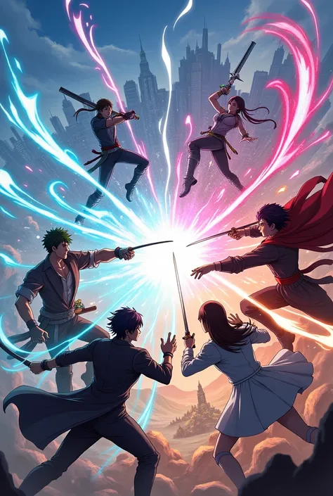 Create an anime fight scene of six characters being them, Four men and two women 