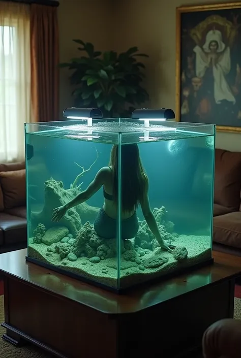 Side view cinematic portrait, a large square glass aquarium in the living room containing a disgusting and scary mermaid demon, black eyes, looks real, in the living room