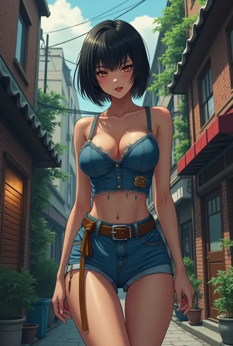 a woman standing in front of a brick building, anime woman fullbody art, wearing denim, hyper real photo, yakuza slim girl, short dark haircut, ulzzang, silk belt, beautiful young catgirl, in tokio, forest city streets behind her, gogo, cowgirl, 19-year-ol...