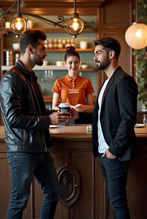 Best of art photography hyperealistic, UHD, HDR, 5D, Cinematic, medium shoot of Two handsome and masculine men, one wearing a black leather jacket, black jeans and a black t-shirt and the other wearing a black blazer and white t-shirt and black jeans Curre...