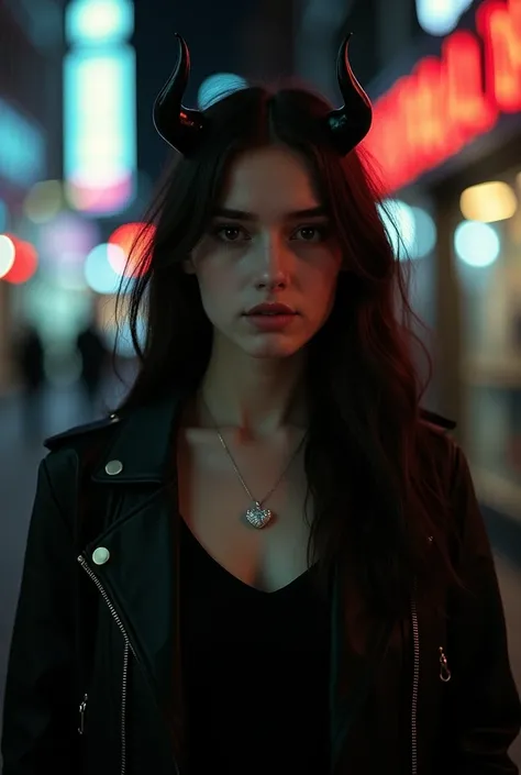 35mm film photography, A young british woman with long dark hair wearing a black jacket and black t-shirt, with a small diamond heart shaped pendant, and small black horns, standing in a brightly lit urban environment with blurred city lights in the backgr...