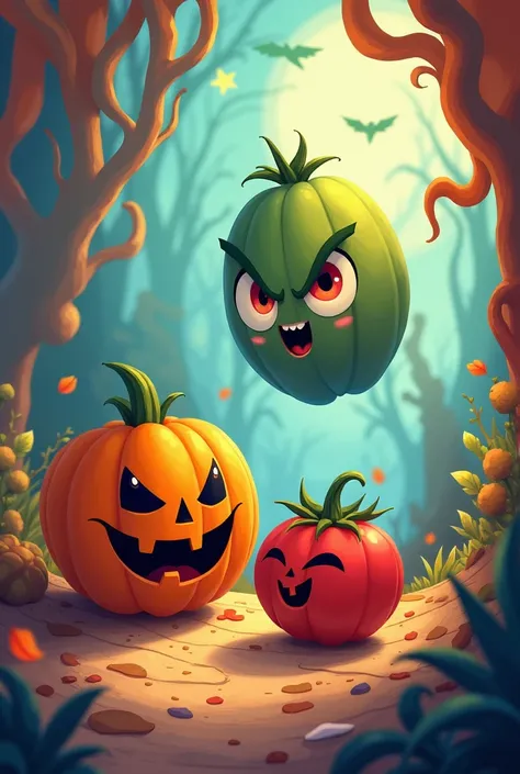 Fassa the pumpkin ,Coco.tomato,  meeting up with an angry face