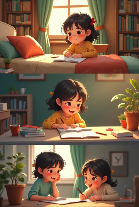 Make some pictures of a girl 
A picture of this girl in her room and her room has a library and theres a little desk and a paper on the table. Draw this girl looking for books on her bookshelf in her library. 
There were green and orange and brown books.

...