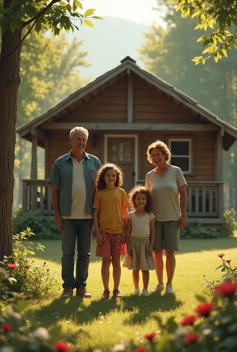 A flashback scene from the past, showing a younger woman with her family in front of a cheerful cabin in daylight. The image is nostalgic but tinged with sadness