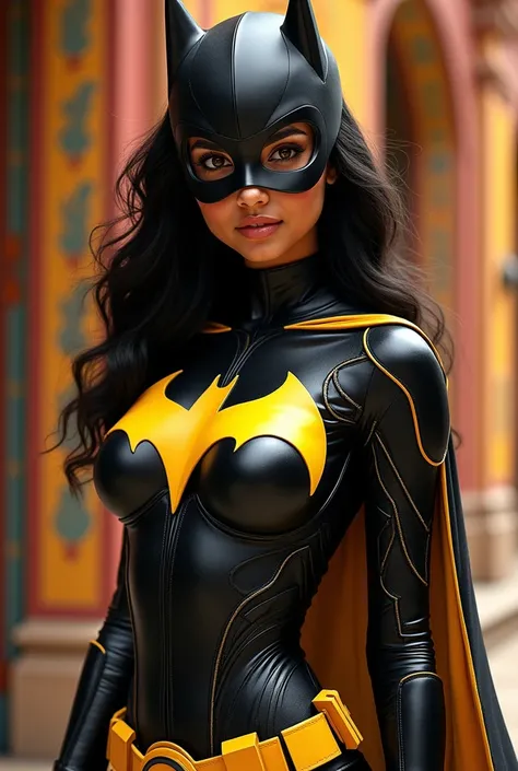 india pretty girl, big boob, wearing india theme batgirl costume, bat logo on the costume