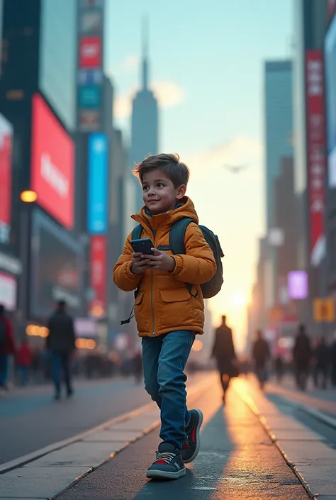 a boy walking in a city makeing calls on a iphone  14 pro max 