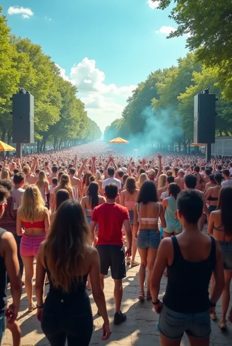 A large outdoor techno rave in Parque Los Reyes, Santiago, Chile, during the daytime. The scene shows a vibrant crowd of people dancing energetically to the music. There is no stage, but a DJ is playing on a set-up with speakers and equipment in the open a...