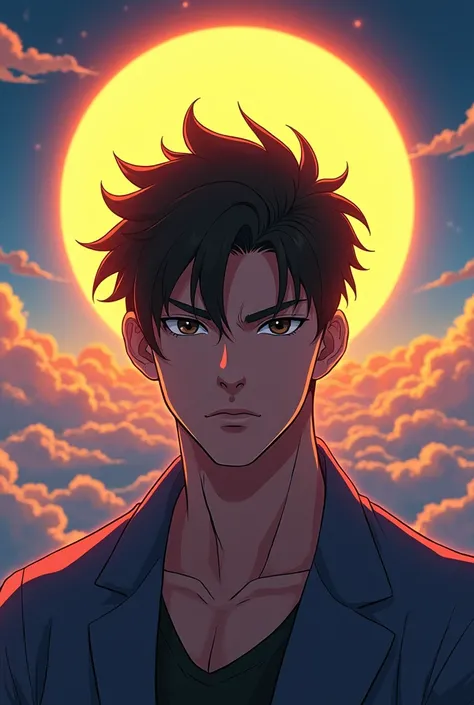 One Adult boy looking soo cool , his backside a big sunshine , anime , beautiful Sky ,only his face 
