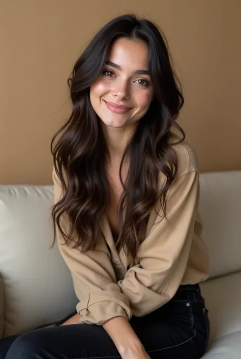 
Cute bard Instagram influencer, striking almond shaped brown eyes, long, wavy dark brown hair, sitting on a beige sofa, black jeans, beige button-down shirt, 1, flirty smile.