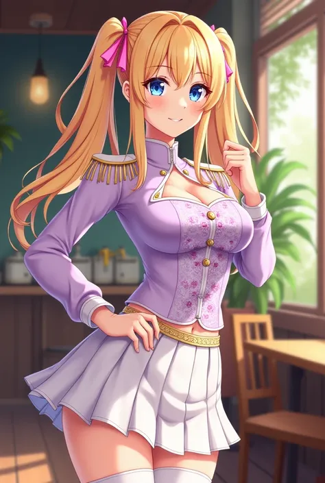 "A stunning anime-style young woman inspired by the physical aesthetics of Azur Lane characters. She has long blonde hair styled in loose twin ponytails, tied with pink ribbons, bright blue eyes, and a confident, alluring smile. She is dressed in a detaile...