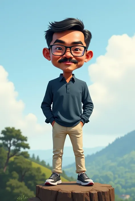 Caricature 4D. Indonesian man 35 years old .short body wearing glasses .  long sleeve shirt dark blue pants cream color sports shoes .mustache. be on the hill .  facing the camera . realistic focus  