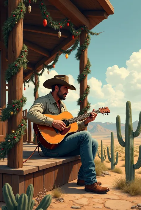  Hyperrealistic comic a cowboy playing a guitar and singing on the porch of the ranch,  the ranch decorated with Christmas decorations , Around cactus and desert 