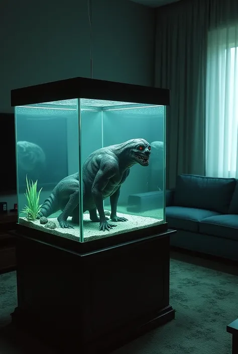 Side view cinematic portrait, a large square glass aquarium in the living room containing a disgusting and demon, black eyes, looks real, in the living room