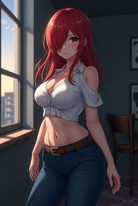 Anime girl, dark blue skinny jeans with curves, short white blouse,Short sleeves,very long red hair, hair over one eye, scared ,Evening,room with window,brown boots, brown belt ,very big ass,very tight, full body, showing her big chest ,pose sexy