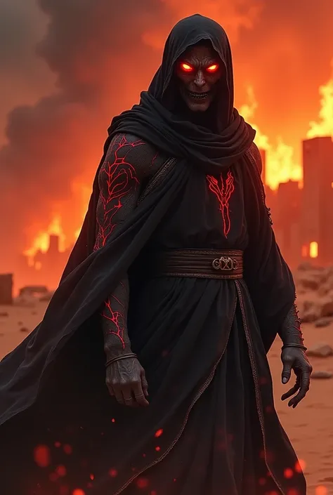 *" Create an image of Dourcifer inspired by Arab culture ,  with a frightening and diabolical look .  He wears a flowing black robe decorated with Arabic patterns in red- spunk, emanating an evil aura .  His skin is gray with incandescent cracks that glow ...