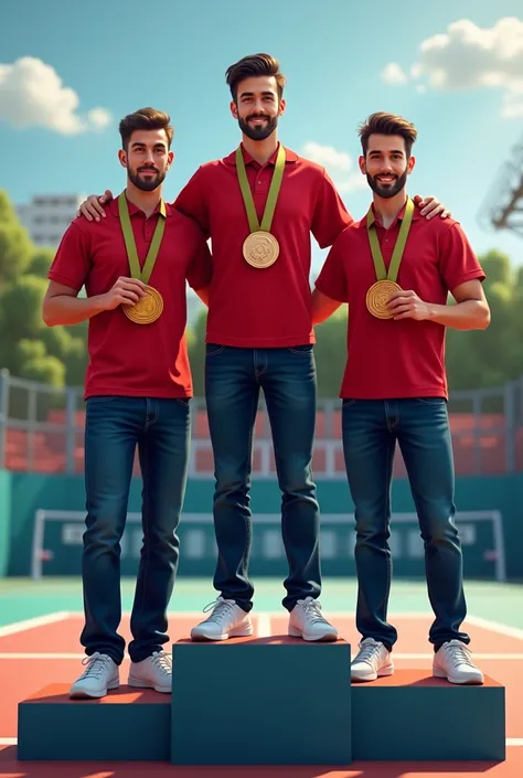  3 men on the podium wearing red polo shirts, and wearing dark blue jeans ,  on a court each holding their medal  
