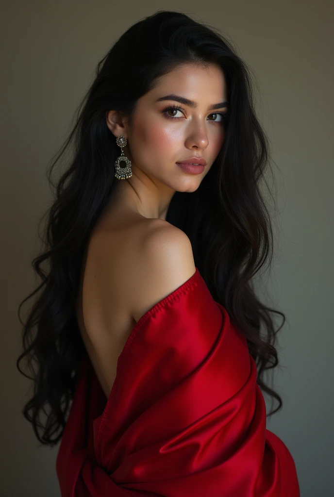 Real Beautiful Russian women of 28 years, With black open hairs wearing red saree. she is standing in opposite direction and looking back. She is looking very beautiful. 