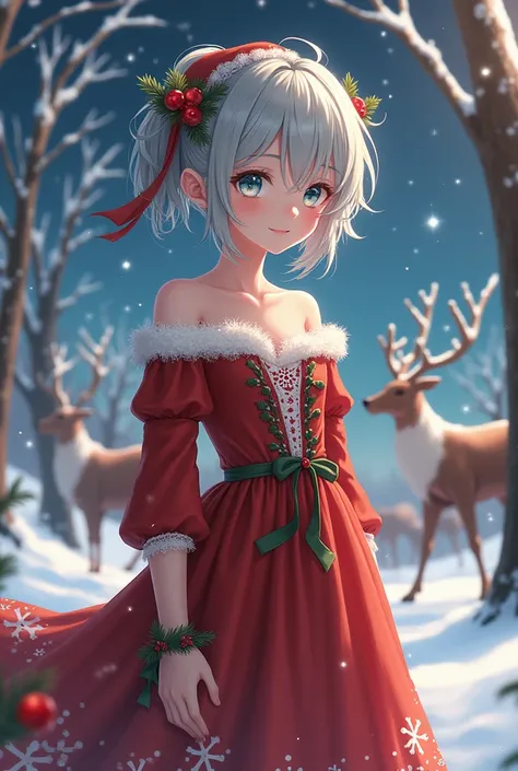 anime boy , mens ,gray hair, Christmas dress with Christmas background and reindeer 