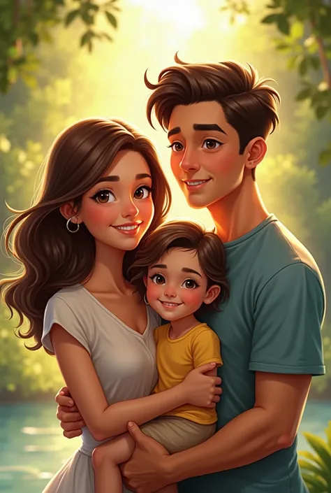 make me a beautiful family, with a brown mother with brown eyes and middle wavy hair, a brown father with slanted brown eyes, And one daughter, short brown hair, , with brown eyes.