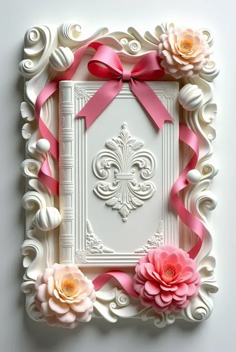 3D white DIARY carved sculpture Embossed victorian royal diary cover (white) and diary spine with embossed victorian vintage borderline (gold), one big pink ribbon in the middle of the frame and mini ribbons and tulip and peony flowers