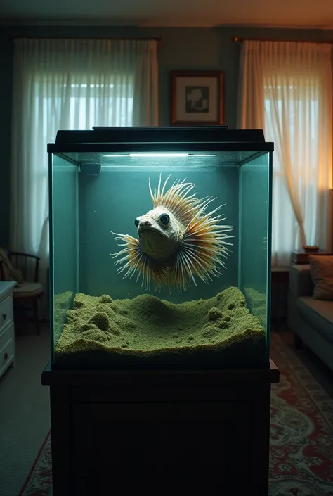 Side view cinematic portrait, a large square glass aquarium in the living room containing a disgusting and scary monster lion fish, black eyes, looks real, in the living room