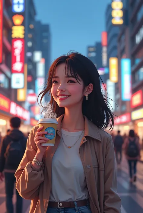 Same girl as becore, walking in Tokyo and smiling, with a Cup of coffee in One hand