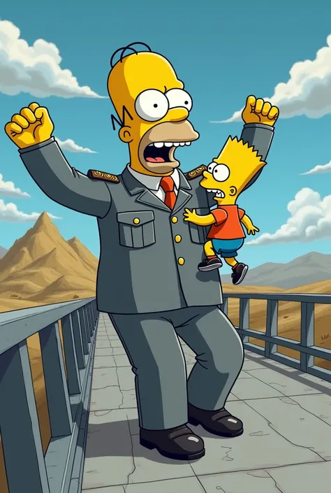 Desenho animado do hommer Simpsons com farda militar cinza jogando o bart da ponte 