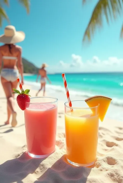  A glass of strawberry cremolada and a glass of mango melting in front of the sea on a beautiful beach, with fine sand with people walking around wearing hats  
