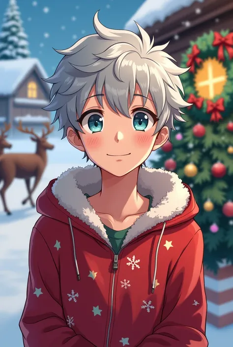 anime man , mens ,short gray hair ,  Christmas clothes with Christmas background and reindeer 