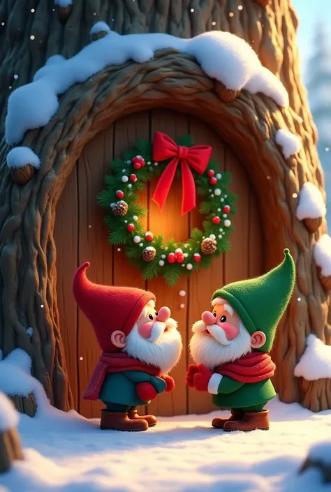 A Disney Pixar-style scene of two cheerful gnomes hanging a festive wreath on their wooden door. The gnomes are small and colorful, with one wearing a red hat and scarf and the other in a green hat and mittens. Their home is carved out of a large tree trun...