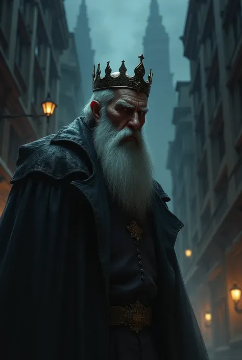 Bearded old man with a crown , In a city the scary dark night is scary 