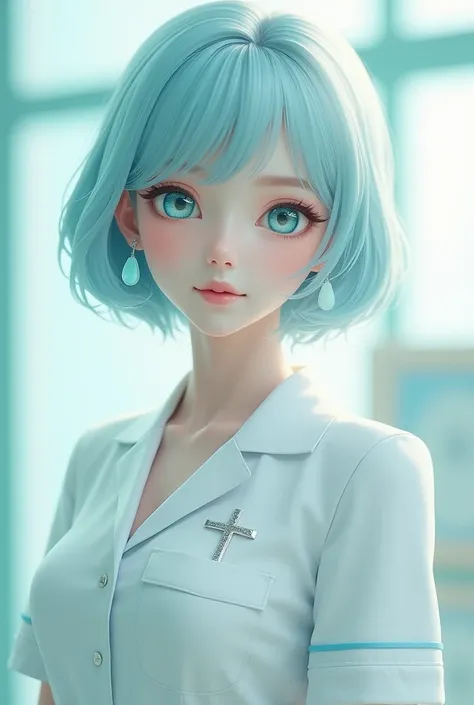  Short hair, pastel blue, with straight cut bangs, slightly curled ends,Bright turquoise eyes ,Fair skin,Nurse uniform, Clean white loafers , Pastel blue teardrop earrings , silver cross-shaped brooch  (hex: #C0C0C0)  attached to the left chest 