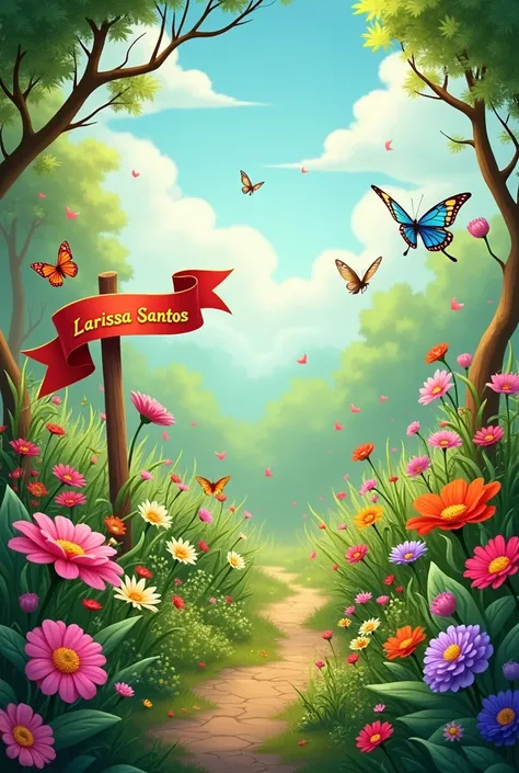  Make a green space a beautiful garden with flowers butterflies little birds, With a ribbon written by Larissa Santos 