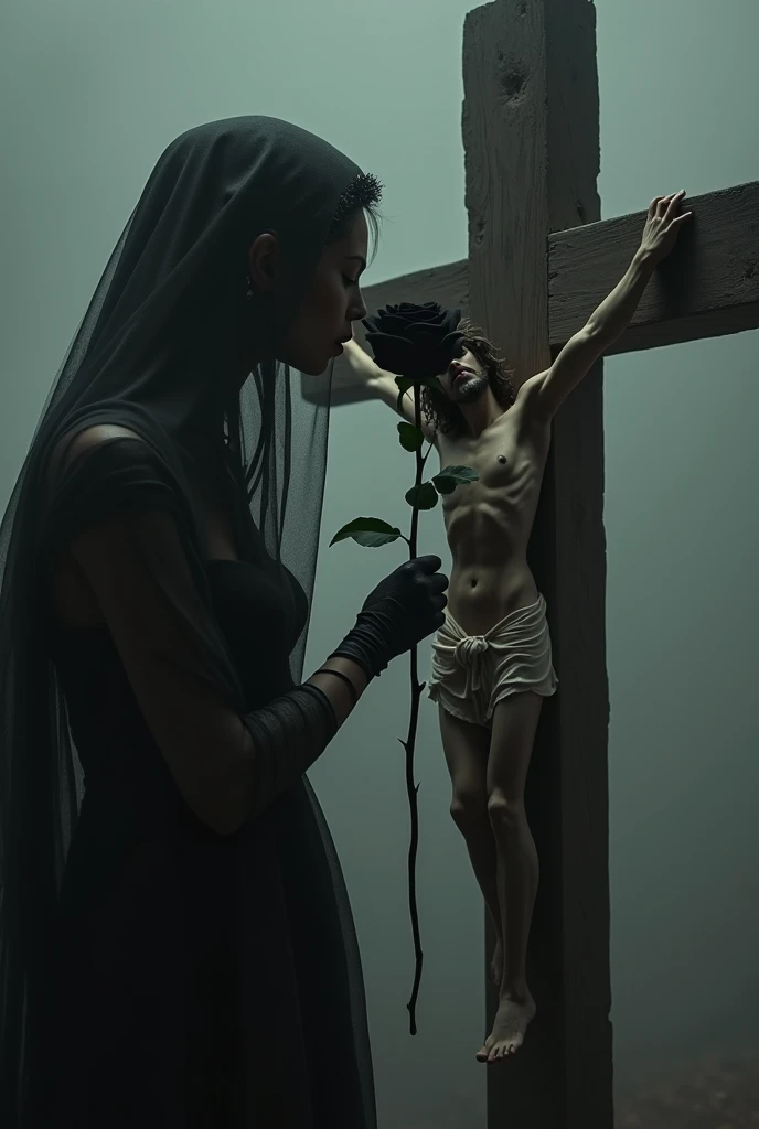 Pale thin woman wearing black wedding veil holding a black rose spitting on the cross of Jesus