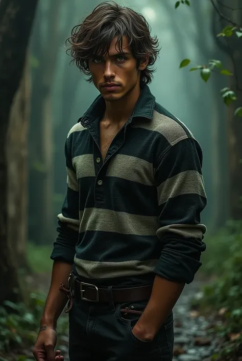 Short brown-haired wavy ,  man with brown skin and green eyes wearing black jeans and a dirty black and white striped sweater,dark fantasy style image  