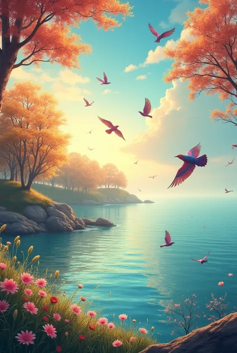 Ocean, yellow trees, flowers flying birds 