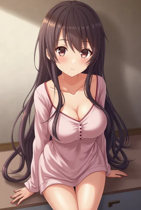 1 woman, pretty face , big eyes, long hair, sexy outfit, chest conspicuous ,mole under mouth, rest room background . (HD picture ,  high-resolution , best quality,  Masterpiece,  Detailed Image , HD orientation, High pixels,  Anime Style)Look at the audien...