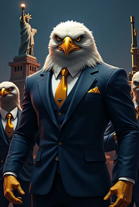 A muscular furry eagle as a mafia wearing a formal dark blue and golden suit and a charismatic smile with gang and golden Ak47 stand at Statue of Liberty at night 