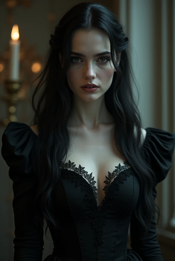 a beautiful vampire woman, full body, detailed face and eyes, long dark hair, pale skin, fangs, elegant victorian dress, dramatic lighting, moody atmosphere, dark fantasy, cinematic, photorealistic, 8k, high resolution, best quality, intricate details, dra...