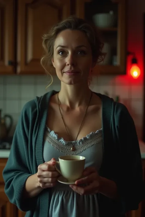  The governess in the kitchen ,  pendant holding a cup of tea.  She has a calm expression ,  but her distant gaze suggests something unrevealed, with the kitchen illuminated only by a weak red light.