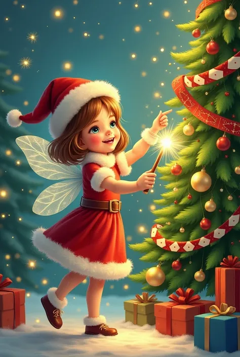 cute fairy in santa dress with her magic wand  decorating Christmas tree