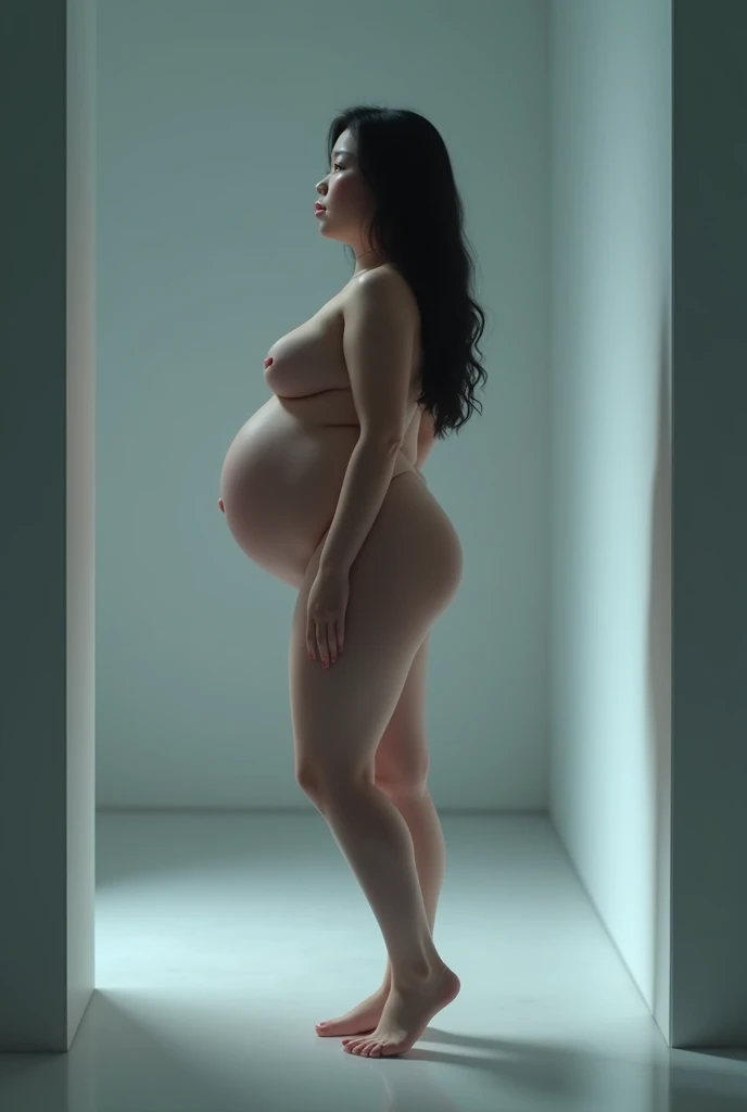 (photorealism:1.2), naked beautiful asian chubby woman, standing on one foot, cold room