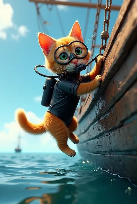 Generate a high quality 3D image:An orange cat wear black scuba diving costume and oxygen mask and climbing on the ship throughout the surface of water 