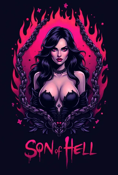  Create a logo for "Son Of Hell" Use purple ,  pink and black as colors as well as flames ,  chains and a lascivious smiling succube as symbols 