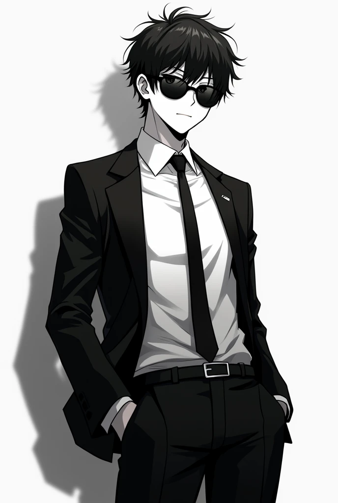 black and white theme, anime boy, savage, sigma, white shirt with black blazer and black pants and black tie no face reveal wearing black specs