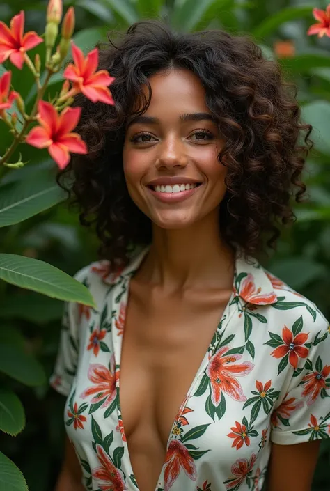  A Brazilian woman in a lush tropical garden,  wearing an open shirt with floral print ,  with a close up capturing the harmonious beauty between her breasts and natural flowers,  showing your natural charm and outgoing personality.