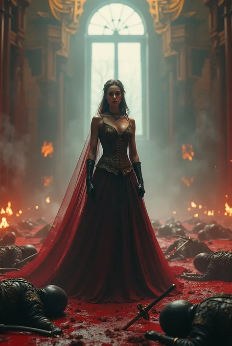 very hight quality, Hight resolution, realistic, A very beautiful woman queen, Ninja s were scattered everywhere covered in blood, a very large royal palace, ninja very many everywhere, ninja body was stuck with swords and spears, queen walks in the middle...