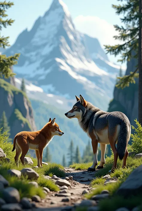 a calf and a wolf together on a mountain