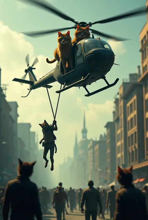 Here’s the updated prompt where the zombies begin to transform back into humans:

"The two brown cats, still flying in their helicopter above the zombie-infested city, notice a strange change. As they continue to use their vacuum to suck up the remaining z...