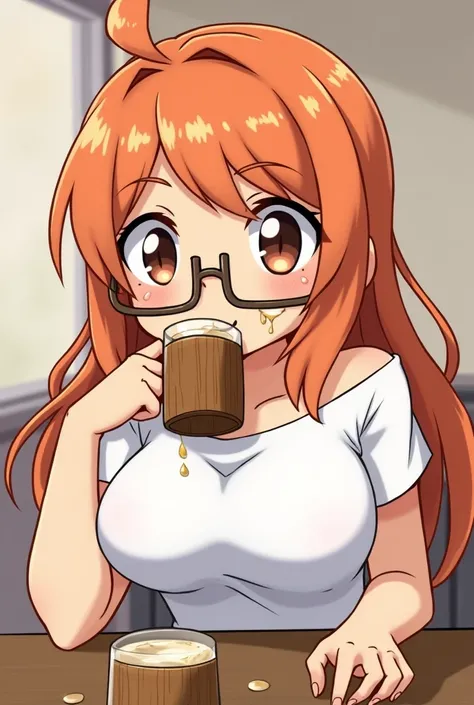 A girl, drinking semen in wooden glasses ,  there would be more glasses full of semen on the table ,  the girl had brown skin and orange hair , with glasses, white shirt soaked , big and fat breasts ,  sitting at a table ,  with semen remaining in her mout...